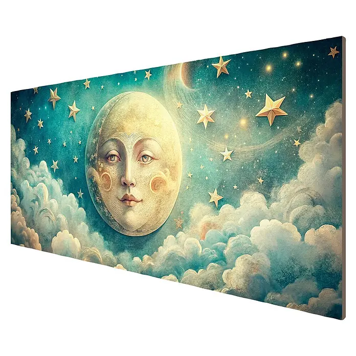 Cabecero de cama Selene - L x An: 90 x 60 cm, Azul - Lienzo decorativo con rostro de luna, estrellas doradas y nubes sobre un cielo turquesa.