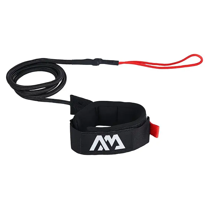 Aqua Marina SUP-Board Vapor - L x B x H: 315 x 79 x 15 cm, Nutzlast: 140 kg, Aufblasbar - Schwarze, aufgerollte Surfbrett-Leash mit roter Kordel und schwarzer Manschette mit weißem Logo.