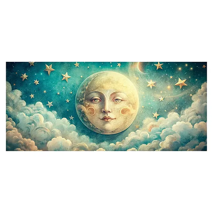 Cabecero de cama Selene - L x An: 90 x 60 cm, Azul - Imagen decorativa de una cara de luna soñadora entre estrellas doradas y nubes suaves en un cielo azul verdoso.