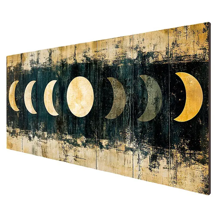 Cabecero de cama Eclipse - L x An: 180 x 60 cm, Multicolor - Arte de pared abstracto de fases lunares sobre paneles texturizados en tonos oscuros y dorados.