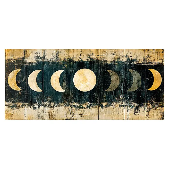 Cabecero de cama Eclipse - L x An: 180 x 60 cm, Multicolor - Arte texturizado con fases lunares: lunas crecientes doradas, luna llena y fases menguantes en panel de madera azul y oro.
