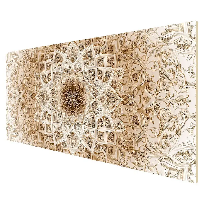Cabecero de cama Alhambra - L x An: 135 x 60 cm, Natural - Panel decorativo beige en relieve con intrincados patrones geométricos y florales islámicos para pared o techo.