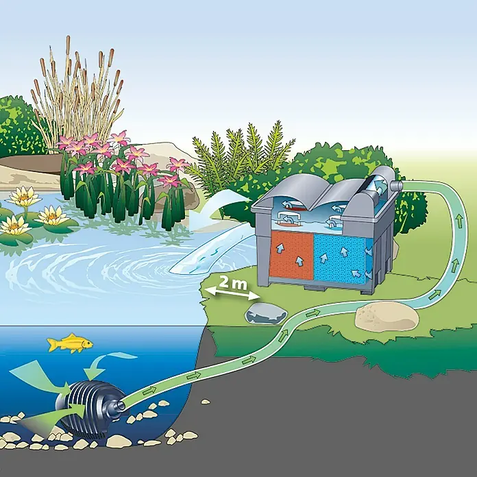 Oase BioSmart Durchlauffilter-Set 5000 - 25 W, Teichgröße: 5 m³ - Eine Illustration eines Teichfiltersystems mit Pumpe und Filterkasten zur Reinigung des Teichwassers.