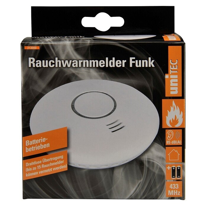 Funkrauchwarnmelder (Durchmesser: 12 cm, Batterielaufzeit: 1 Jahr, 85 dB)
