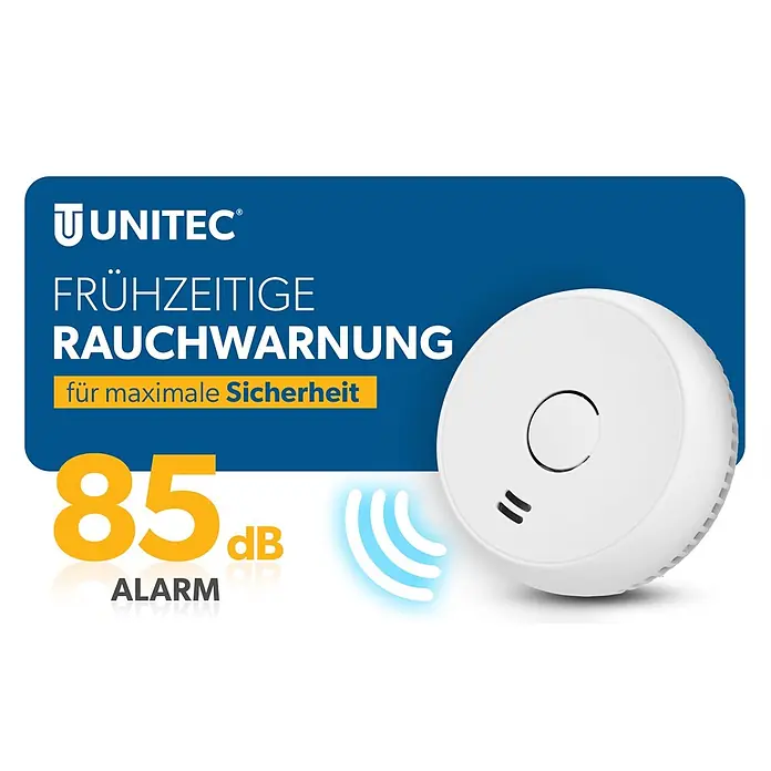 UniTEC Rauchwarnmelder Kriwan/TÜV - Durchmesser: 90 mm, Alarmsignal: 85 dB - Weißer Rauchmelder mit Frühwarnfunktion und 85 dB Alarm, inklusive Klangwellen-Symbol.