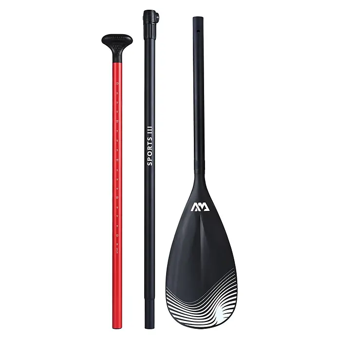 Aqua Marina SUP-Board Vapor - L x B x H: 315 x 79 x 15 cm, Nutzlast: 140 kg, Aufblasbar - Dreiteiliges, verstellbares SUP-Paddel mit rotem Griff und schwarzem Schaft/Blatt, zerlegt.