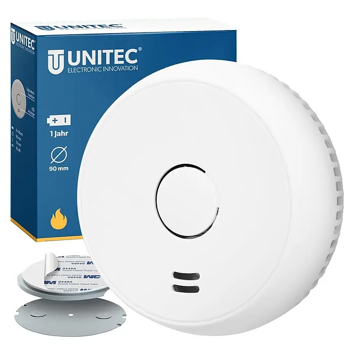 UniTEC Rauchwarnmelder Kriwan/TÜV - Durchmesser: 90 mm, Alarmsignal: 85 dB - Weißer runder Rauchmelder mit blauer Verpackung und Montagezubehör.