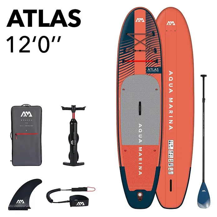 Aqua Marina SUP-Board-Set Atlas - L x B x H: 366 x 86 x 15 cm, Tragkraft: 180 kg, Orange - Orange-dunkelblaues Aqua Marina ATLAS 12'0" SUP-Board-Set mit Paddel, Pumpe, Tasche, Finne und Leash.