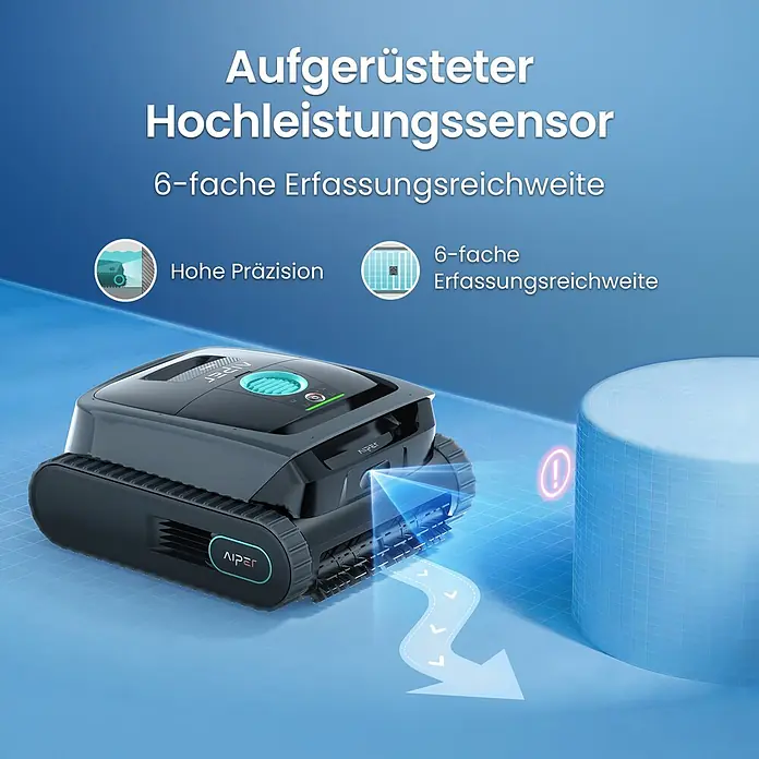 Aiper Poolroboter Scuba S3 - Akkubetrieben, Passend für: Private Pools bis ca. 150 m²; Beton, Fiberglas, Vinyl/Folie, Fliesen, Filterleistung: 18.000 l/h - Dunkelgrauer Roboter-Poolreiniger mit aquafarbenen Akzenten; sein verbesserter Hochleistungssensor erkennt ein Hindernis mit 6x Reichweite und hoher Präzision.