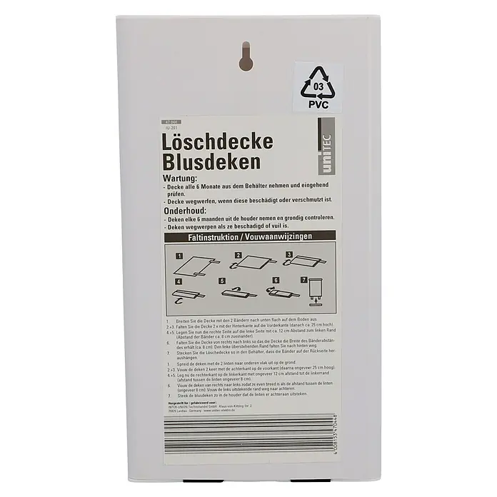 UniTEC Löschdecke - 100 x 100 cm - Weiße Verpackung einer Löschdecke mit Falt- und Wartungsanleitung sowie einem PVC-Recycling-Symbol.