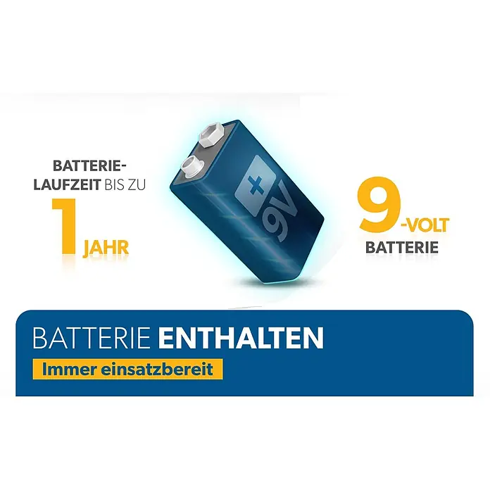 UniTEC Rauchwarnmelder Kriwan/TÜV - Durchmesser: 90 mm, Alarmsignal: 85 dB - Blaue 9V Batterie leuchtet, mit Text '1 Jahr Batterielaufzeit', '9-Volt Batterie' und 'Batterie enthalten'.
