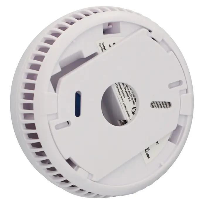 UniTEC Rauchwarnmelder Kriwan/TÜV - Durchmesser: 90 mm, Alarmsignal: 85 dB - Weißer Rauchmelder, Rückansicht mit Batteriefach und Etiketten.
