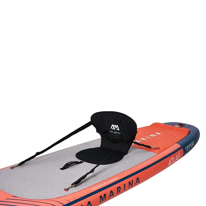 Aqua Marina SUP-Board-Set Atlas - L x B x H: 366 x 86 x 15 cm, Tragkraft: 180 kg, Orange - Aufblasbares Aqua Marina SUP in Orange und Blau mit grauem Deckpolster und befestigtem schwarzem Kajaksitz.
