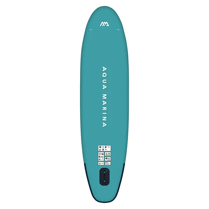 Aqua Marina SUP-Board Vapor - L x B x H: 315 x 79 x 15 cm, Nutzlast: 140 kg, Aufblasbar - Türkisfarbenes Aqua Marina SUP-Board mit Logo und Sicherheitshinweisen.