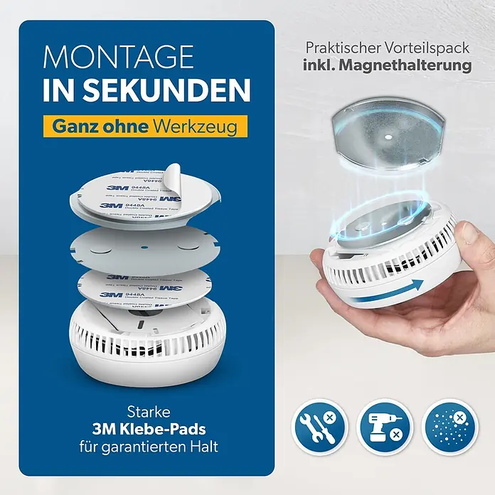 UniTEC Rauchwarnmelder Kriwan/TÜV - Durchmesser: 90 mm, Alarmsignal: 85 dB - Weißer Rauchmelder mit 3M Klebepads und Magnethalterung für schnelle, werkzeuglose Montage.