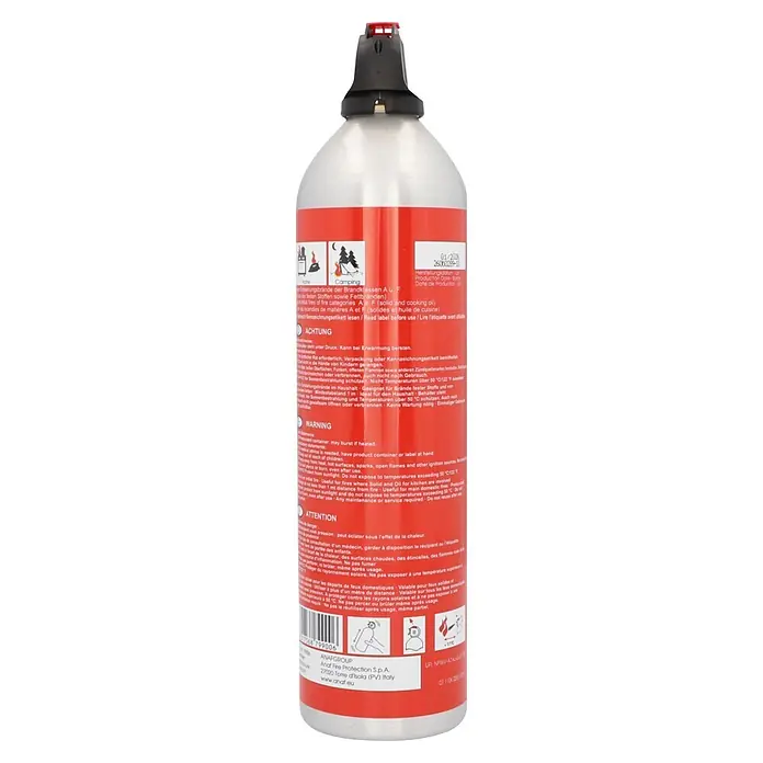 ANAF Feuerlöschspray - Geeignet für: Elektrische Anlagen bis 1.000 V (min. Abstand 1 m), 0,6 l - Silberner Feuerlöscher mit rotem Etikett und schwarzer Düse für Brandbekämpfung zu Hause und beim Camping.