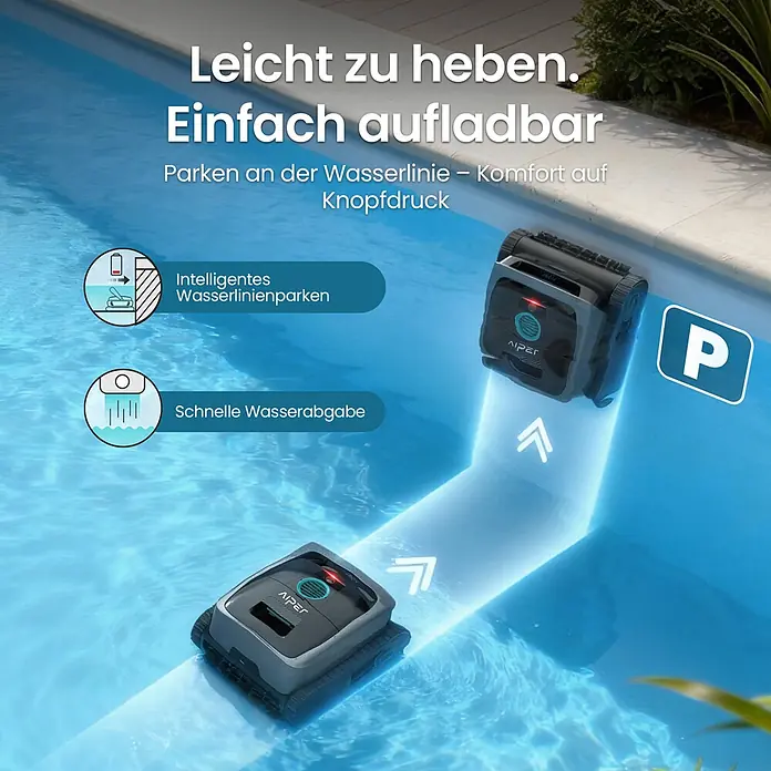 Aiper Poolroboter Scuba S3 - Akkubetrieben, Passend für: Private Pools bis ca. 150 m²; Beton, Fiberglas, Vinyl/Folie, Fliesen, Filterleistung: 18.000 l/h - Ein dunkelgrauer Poolreinigungsroboter mit blauen Akzenten im Schwimmbecken, der intelligentes Wasserlinienparken und schnelle Wasserabgabe demonstriert.