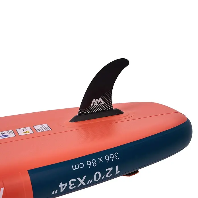 Aqua Marina SUP-Board-Set Atlas - L x B x H: 366 x 86 x 15 cm, Tragkraft: 180 kg, Orange - Schwarze Finne an einem orange-blauen aufblasbaren Paddleboard, mit Maßen 12'0"X34" und 366x86 cm.