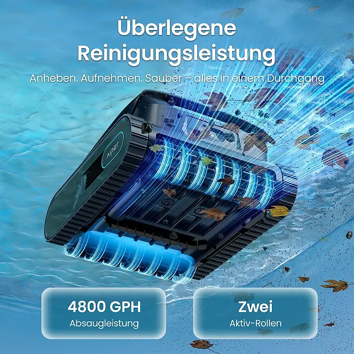 Aiper Poolroboter Scuba S3 - Akkubetrieben, Passend für: Private Pools bis ca. 150 m²; Beton, Fiberglas, Vinyl/Folie, Fliesen, Filterleistung: 18.000 l/h - Dunkler Roboter-Poolreiniger unter Wasser, saugt aktiv Schmutz ein. Mit überlegener Reinigungsleistung, 4800 GPH Saugleistung und zwei Aktiv-Rollen.