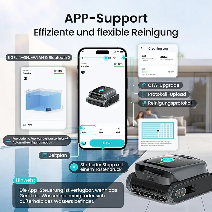 Aiper Poolroboter Scuba S3 - Akkubetrieben, Passend für: Private Pools bis ca. 150 m²; Beton, Fiberglas, Vinyl/Folie, Fliesen, Filterleistung: 18.000 l/h - Dunkelgrauer Roboter-Poolreiniger, über mobile App steuerbar. Die App zeigt Reinigungsmodi, Zeitpläne und Protokolle für die Poolreinigung.