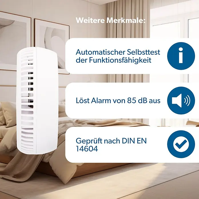 UniTEC Rauchwarnmelder Kriwan/TÜV - Durchmesser: 90 mm, Alarmsignal: 85 dB - Weißer rechteckiger Rauchmelder in einem modernen Schlafzimmer mit überlagerten Funktionen.