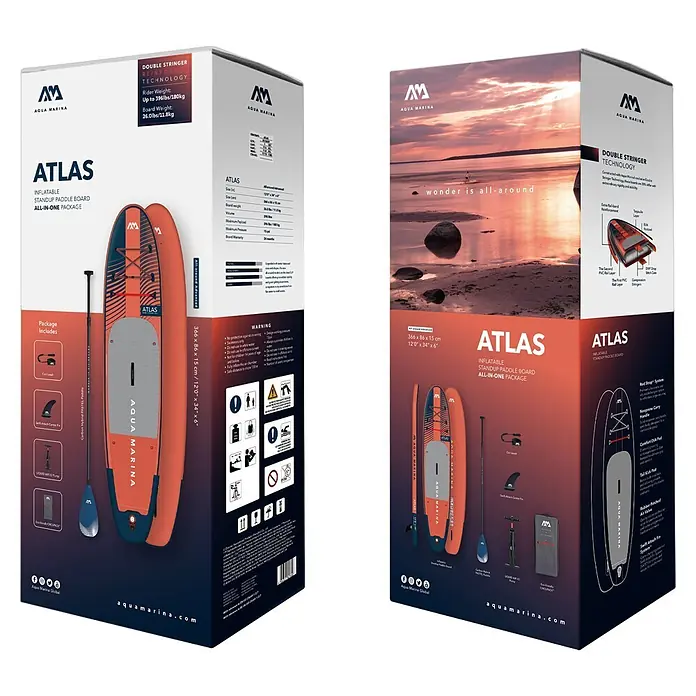 Aqua Marina SUP-Board-Set Atlas - L x B x H: 366 x 86 x 15 cm, Tragkraft: 180 kg, Orange - Zwei Aqua Marina Atlas aufblasbare SUP-Board-Boxen mit Spezifikationen, Funktionen und Zubehör.