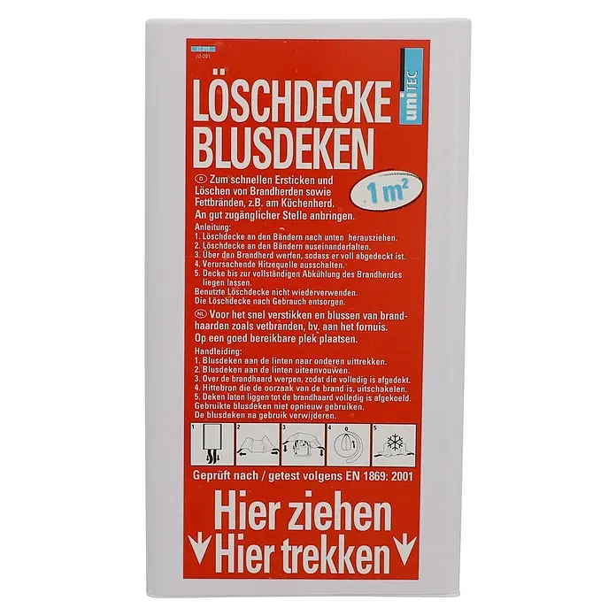 UniTEC Löschdecke - 100 x 100 cm - Rote Verpackung einer 1m² Löschdecke mit Anleitung und 'Hier ziehen'.