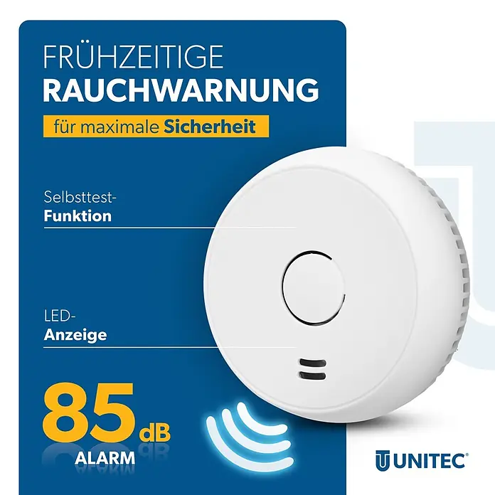 UniTEC Rauchwarnmelder Kriwan/TÜV - Durchmesser: 90 mm, Alarmsignal: 85 dB - Weißer Rauchmelder mit Selbsttestfunktion, LED-Anzeige und 85 dB Alarm für frühzeitige Rauchwarnung.
