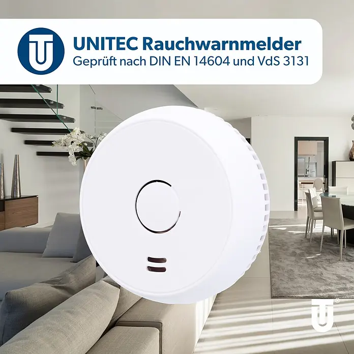 UniTEC Rauchwarnmelder Kriwan/TÜV - Durchmesser: 90 mm, Alarmsignal: 85 dB - Weißer UNITEC Rauchwarnmelder in modernem Wohnambiente. Geprüft nach DIN EN 14604 und VdS 3131.