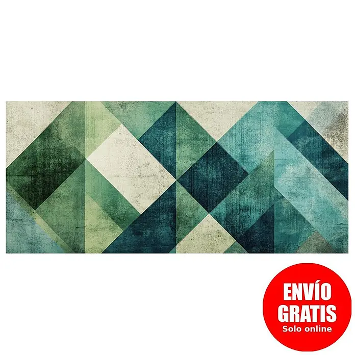 Cabecero de cama Nordic - L x An: 105 x 60 cm, Verde - Alfombra rectangular con patrón geométrico abstracto en verde, azul y blanco roto, con textura envejecida.