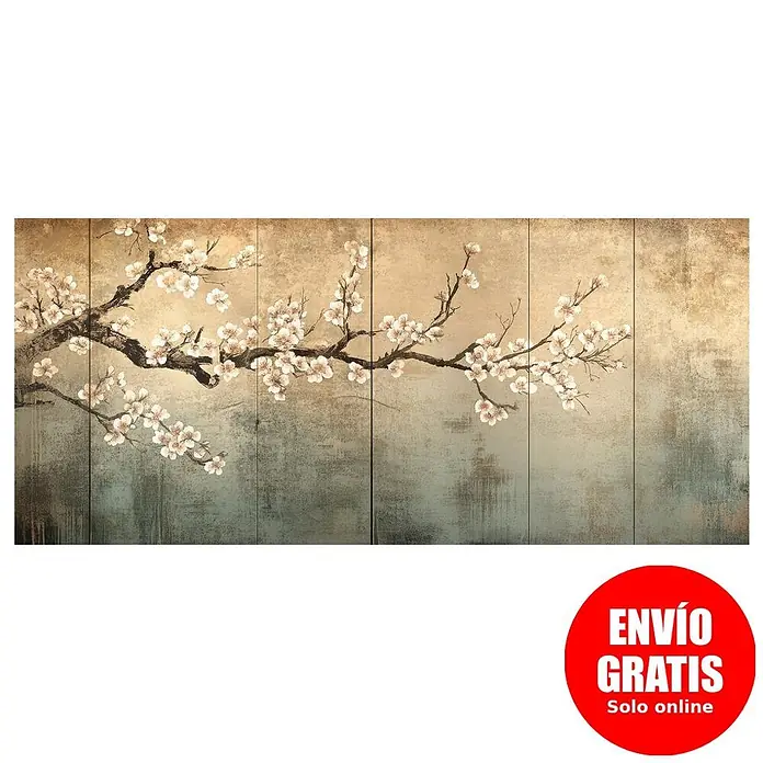 Cabecero de cama Hanami - L x An: 115 x 60 cm, Natural - Cuadro en lienzo multipanel con una rama artística de cerezo en flor y flores blancas sobre un fondo texturizado en tonos tierra.