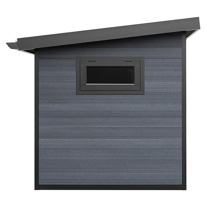 Fjordholz Gartenhaus Style DeLuxe 5,8 m² - Außenmaß inkl. Dachüberstand (B x T): 290 x 200 cm, Aluminium, Anthrazit/grau - Dunkelgraues modernes Gartenhaus mit schrägem Dach und horizontalem Fenster.