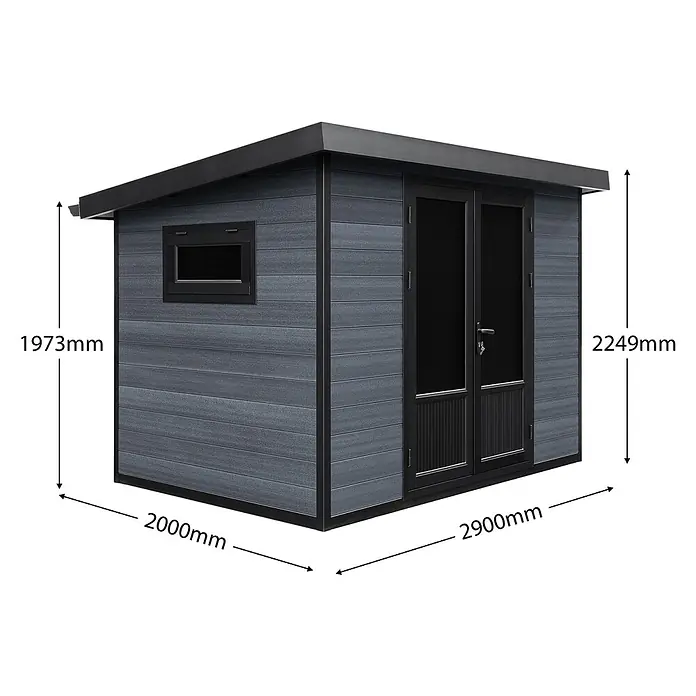 Fjordholz Gartenhaus Style DeLuxe 5,8 m² - Außenmaß inkl. Dachüberstand (B x T): 290 x 200 cm, Aluminium, Anthrazit/grau - Dunkelgraues Gerätehaus in Holzoptik mit schwarzen Leisten, Doppeltüren und kleinem Fenster.
