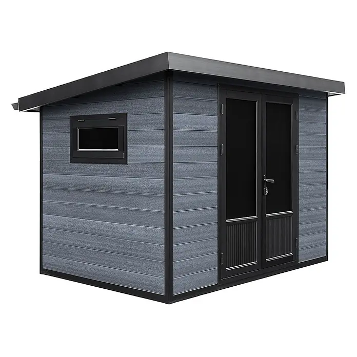 Fjordholz Gartenhaus Style DeLuxe 5,8 m² - Außenmaß inkl. Dachüberstand (B x T): 290 x 200 cm, Aluminium, Anthrazit/grau - Moderner dunkelgrauer Gartenhaus mit Holzoptik-Verkleidung, schwarzen Zierleisten und Doppeltüren mit Fenstern.