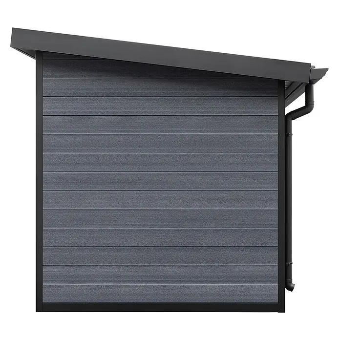 Fjordholz Gartenhaus Style DeLuxe 5,8 m² - Außenmaß inkl. Dachüberstand (B x T): 290 x 200 cm, Aluminium, Anthrazit/grau - Dunkelgraue Verbundstoff-Gartenschuppenseite mit schwarzem Rahmen, Schrägdach und schwarzem Fallrohr.