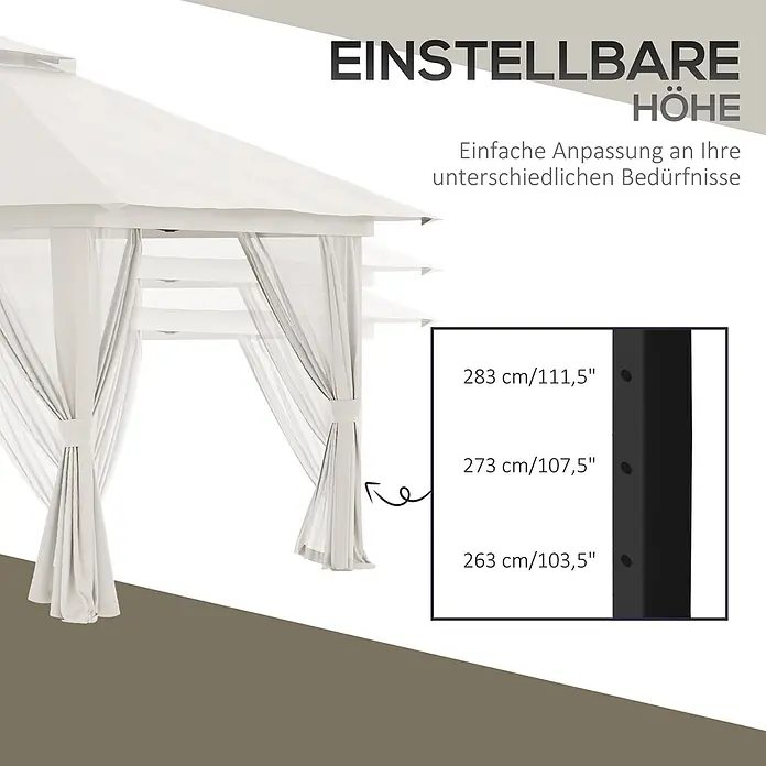 Furnicato Faltpavillon - B x T: 392 x 283 cm, Farbe Dach: Weiß - Weißer Pavillon mit Vorhängen, ausgestattet mit einem höhenverstellbaren Mechanismus (283 cm, 273 cm, 263 cm).