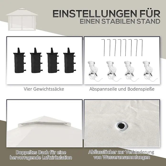 Furnicato Faltpavillon - B x T: 392 x 283 cm, Farbe Dach: Weiß - Details eines Pavillons: vier Sandsäcke, Heringe, Seile zur Stabilität, Doppeldach für Belüftung und Ablauföffnungen.