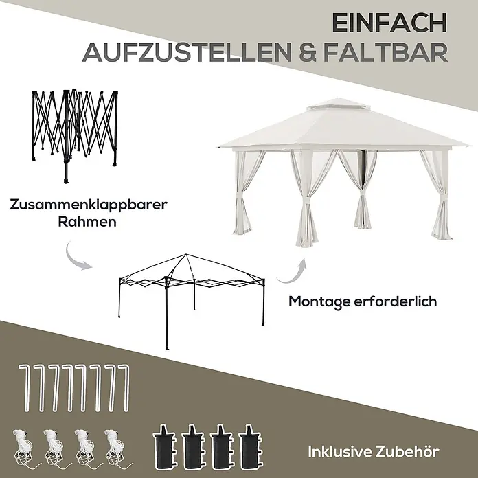 Furnicato Faltpavillon - B x T: 392 x 283 cm, Farbe Dach: Weiß - Weißer faltbarer Pavillon mit Metallrahmen, Stoffdach und Seitenwänden, sowie Erdnägeln, Seilen und Gewichtsbeuteln.