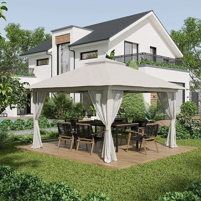 Furnicato Faltpavillon - B x T: 392 x 283 cm, Farbe Dach: Weiß - Eleganter beigefarbener Gartenpavillon mit Vorhängen, schützt eine dunkle Esstischgruppe auf einer Holzterrasse.