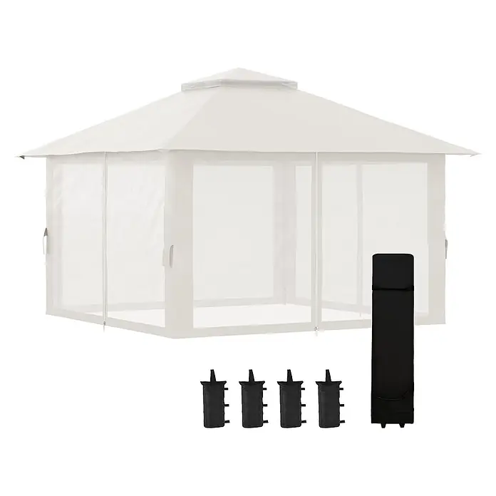 Furnicato Faltpavillon - B x T: 392 x 283 cm, Farbe Dach: Weiß - Weißer quadratischer Pavillon mit Netzseitenwänden und Spitzdach, inkl. vier schwarzer Gewichtsbeutel und einer Tragetasche.