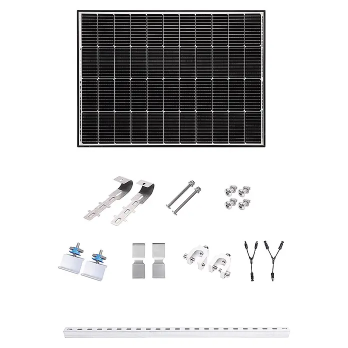 Yard Force Solarmodul-Set LX SP170S-EU - 0% MwSt. gem. § 12 Abs. 3 UStG - Nennleistung: 170 W, L x B x H: 3,5 x 107 x 77,5 cm, 1 Stk. - Schwarzes Solarpanel, metallische Montagehalterungen, Klemmen, Schrauben, MC4-Stecker und weiße Montageschiene zur Installation.