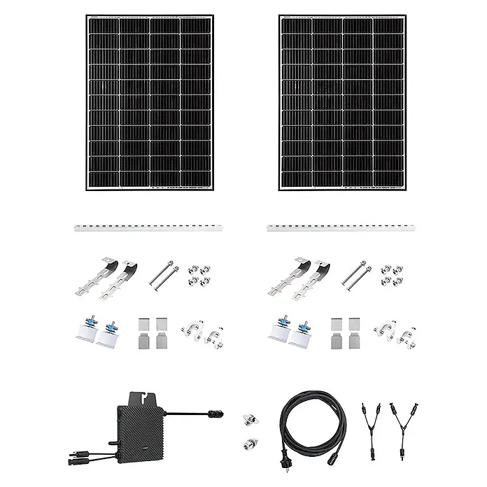 Yard Force Solarmodul-Set LX SP170D-EU - 0% MwSt. gem. § 12 Abs. 3 UStG - Nennleistung: 170 W, L x B x H: 3,5 x 107 x 77,5 cm, 2 Stk. - Zwei schwarze Solarmodule, Montagezubehör, Mikro-Wechselrichter und Anschlusskabel für ein Solarsystem.