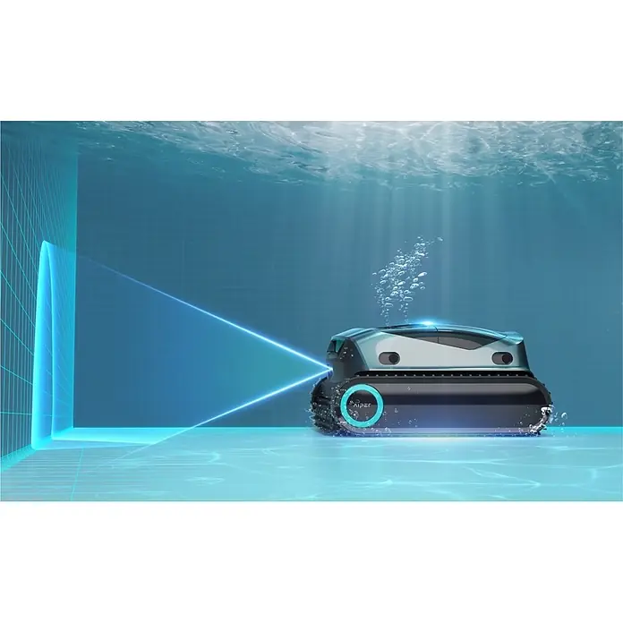Aiper Poolroboter Scuba X1 - Akkubetrieben, Passend für: Eingelassene und oberirdische Pools bis ca. 200 m² / 2.150 sq.ft; Beton, Fiberglas, Fliesen, Folie/Liner, Filterleistung: 25.200 l/h - Ein grauer und schwarzer Poolroboter mit blauen Akzenten unter Wasser, sendet blaue Lichtstrahlen zur Kartierung aus.