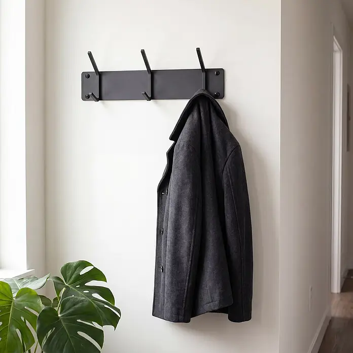 Spinder Design Garderobenleiste Cappa - L x B x H: 1,6 x 40 x 12 cm, Anzahl Haken: 3 Stk., Schwarz - Schwarze Metall-Wandgarderobe mit dunkelgrauem Mantel im Eingangsbereich.
