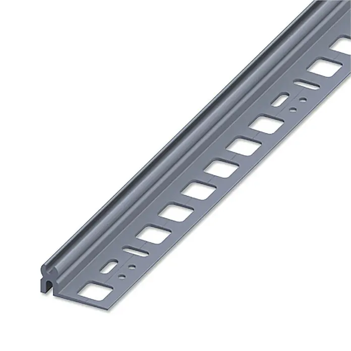 Trägerprofil - Grau - Winkelprofil aus grauem Metall mit rechteckigen Aussparungen zur Befestigung. Ideal für Konstruktionen und Regalsysteme.