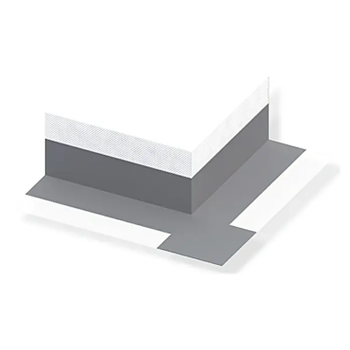 Dichtband Profi - Kunststoff, Außenecke 90 °, 12,5 x 16,2 x 6 cm - Flachdachdetail mit Abdichtung an einer Wand, dargestellt in einer technischen Illustration, ideal für Bau- und Architekturdarstellungen.