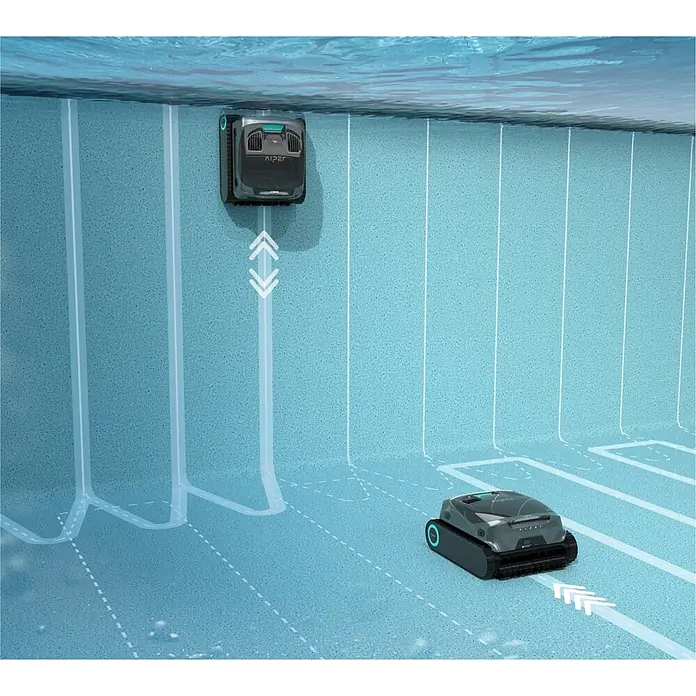 Aiper Poolroboter Scuba X1 - Akkubetrieben, Passend für: Eingelassene und oberirdische Pools bis ca. 200 m² / 2.150 sq.ft; Beton, Fiberglas, Fliesen, Folie/Liner, Filterleistung: 25.200 l/h - Zwei dunkelgraue Poolroboter im Schwimmbecken: Einer an der Wand, der andere am Boden, mit eingezeichneten Reinigungspfaden.