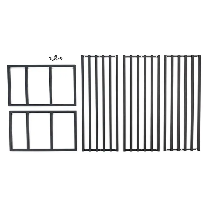 Spinder Design Schuhregal Axel SR 2 - L x B x H: 29,5 x 70 x 48,7 cm, Schwarz - Dunkelgraue modulare Metallkäfigplatten und Schrauben zur Montage.