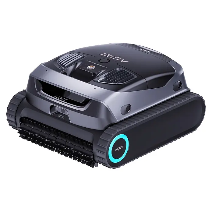 Aiper Poolroboter Scuba X1 - Akkubetrieben, Passend für: Eingelassene und oberirdische Pools bis ca. 200 m² / 2.150 sq.ft; Beton, Fiberglas, Fliesen, Folie/Liner, Filterleistung: 25.200 l/h - Dunkelgrauer und schwarzer Poolroboter mit Ketten, silbernen Akzenten und einem hellblauen Kreisdetail an der Seite.