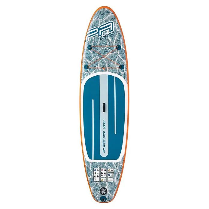 Aqua Marina SUP-Board Pure Air Tropic 10,6" - L x B x H: 320 x 81 x 15 cm, Nutzlast: 140 kg, 1 Stk., Aufblasen - Aufblasbares Aqua Marina Pure Air 10'6" SUP mit blauem Deckpad, orangefarbenem Rand und tealfarbenem Palmenblattmuster.